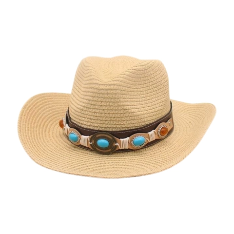 Sombrero de Paja Vaquero Occidental Bohemio Con Cinturón Étnico de Turquesa para Mujer Protección Solar de Ala Ancha para Playa y Viajes