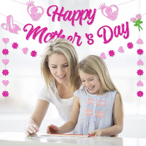 Mother's Day Decoration Banner And Cake Toppers Pink Glitter Paper Garland Festive Party Ornament