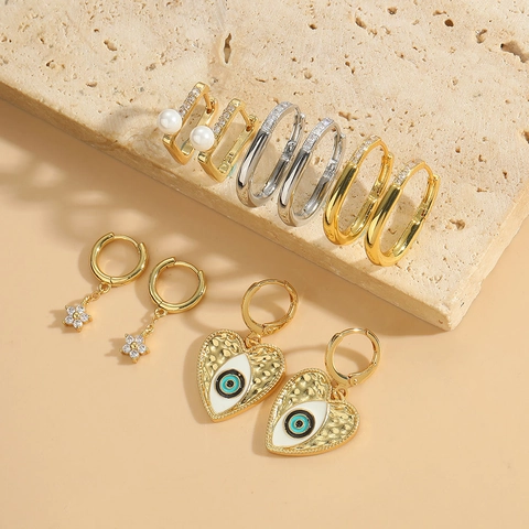 Bohemian Evil Eye Heart Hoop Earrings Copper Zirconia Artificial Pearl Enamel Geometric Drop Jewelry Accessory For Women