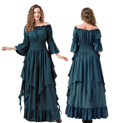 Medieval Renaissance Dress Women Polyester Smocked Waist Flared Sleeve Ruffle Gothic Retro Halloween Cosplay Gown