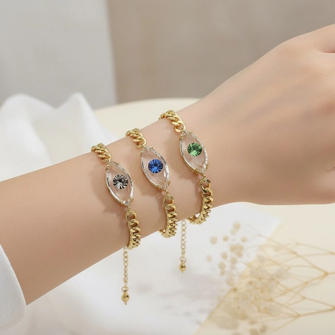 Bracciale Malocchio Maglia Cubana Placcato Oro Rame Strass Hip Hop Industriale Moda Gioielli Unisex Catena Regolabile