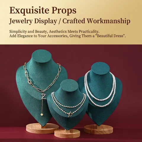 Necklace Display Stand Jewelry Bust Holder Wood Base Velvet PU Leather Elegant Portrait Jewelry Storage Organizer