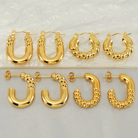 Vintage Geometric Hoop Earrings 18K Gold Plated Stainless Steel Twisted Rope Texture Retro Style Jewelry For Women