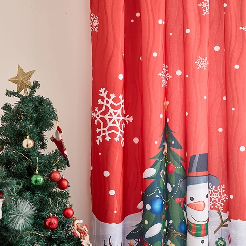 Christmas Curtains Printed Polyester Holiday Window Drape Snowman Reindeer Patterns Semi Blackout For Home Bedroom Decor