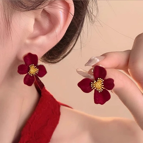 Orecchini Pendenti Fiore Fiocco Velluto Rosso Con Perno In Argento Sterling 925 Gioielli Natalizi Per Donna