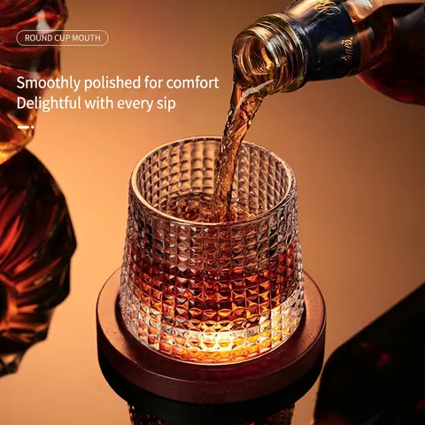 Textured Glass Whiskey Tumbler With Wooden Base Rotating Drinking Cup For Home Bar Elegant Spinning Glassware