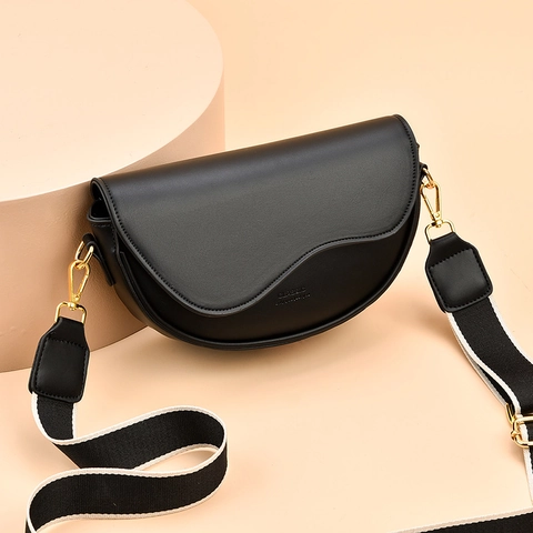 Women PU Leather Saddle Crossbody Bag With Decorative Satin Scarf And Wide Fabric Strap Stylish Flap Bag