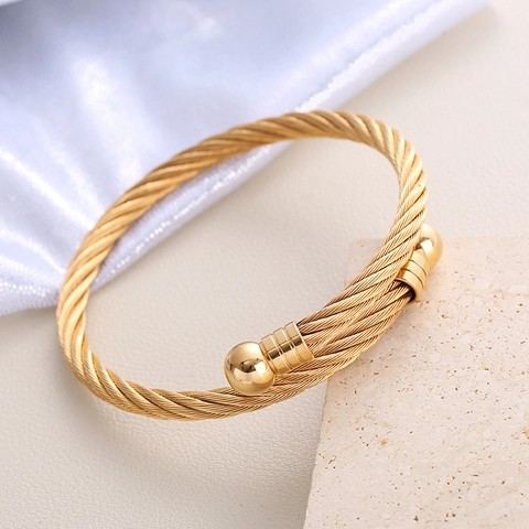 Pulsera De Brazalete De Cable Trenzado De Acero Inoxidable Con Extremos De Bola Redonda Joyería De Estilo Hip Hop