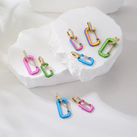 Orecchini Pendenti Moschettone Lega Zirconia Micro Pavé Colorato Smalto Geometrico Serratura Stile Industriale Gioielli Da Donna