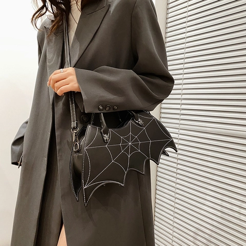 Bat Shaped Handbag Women PU Leather Spider Web Embroidery Gothic Halloween Crossbody Shoulder Bag Novelty Purse
