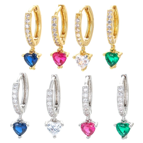 Copper Hoop Earrings With Heart Zircon Pendant Micro Pave Colorful Romantic Jewelry Gift For Women