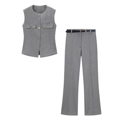 Gilet E Pantaloni Da Donna Top Senza Maniche Girocollo Pantaloni A Gamba Dritta Con Cintura Business Casual