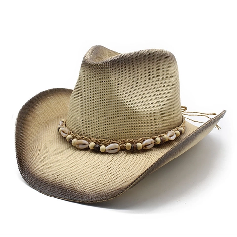 Sombrero De Vaquero De Paja Con Concha Cuentas De Madera Étnico Ala Ancha Protección Solar Transpirable Playa Vacaciones