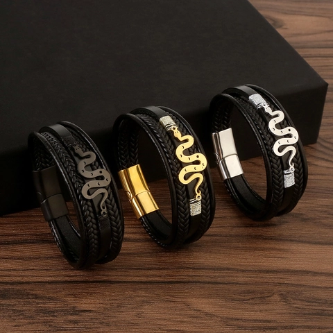 Bracciale Da Uomo In Pelle Intrecciata Multistrato E Acciaio Inossidabile Forma Di Serpente Con Chiusura Magnetica Gioielli Punk