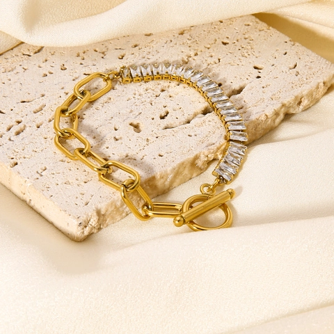 Bracciale Moda Per Donna Acciaio Inossidabile Placcato Oro 18K Zircone Rettangolare Catena A Graffetta Chiusura A T Bar Gioielli Minimalisti