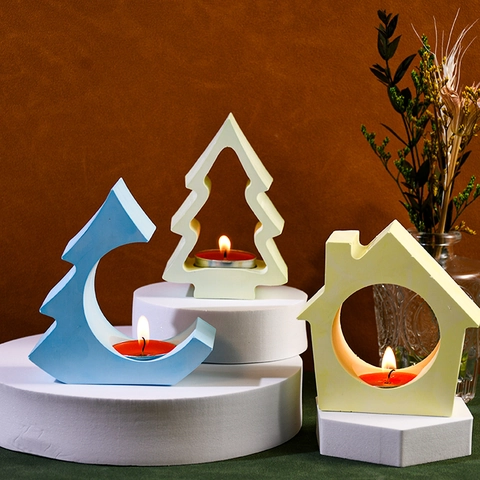 Silicone Mold Christmas Tree House Candle Holder Aromatherapy Tealight Base Handmade Craft DIY Home Decor