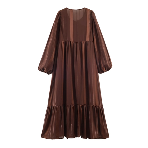 Vestito Lungo Bohémien Ricamato Etnico Chiffon Maniche Lanterna Lunghe Orlo Volant Vacanza Vintage Donne