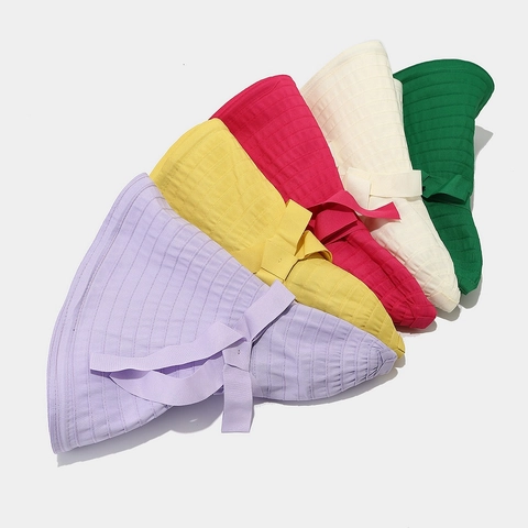 Women Wide Brim Sun Hat Foldable Bow Decoration Contrast Stripe Summer Beach Elegant Polyester Bucket Hat