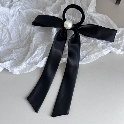 Elegante Schwarze Satin Schleife Haargummis Mit Großer Künstliche Perle Retro Französischer Stil Langer Band Ponytail Halter Für Damen