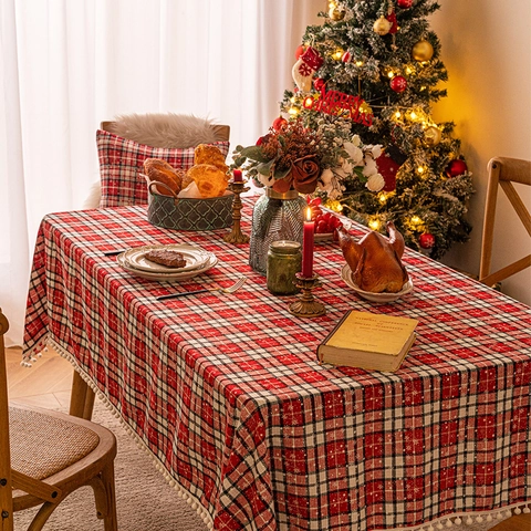 Mantel De Navidad Poliéster Cuadros Rojos Impresión Copo De Nieve Borde Borla Pom Pom Para Decoración De Comedor De Vacaciones