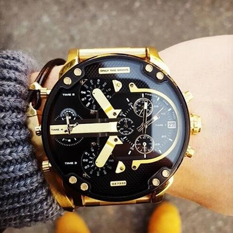 Men Multi Time Zone Watch Large Dial Stainless Steel Band Quartz Industrial Style Date Fashion Wristwatch Water Resistant
