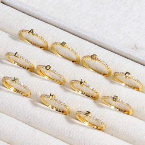 Initial Letter Ring Brass 18K Gold Plated Rhinestone Simple Adjustable Open Design Fashion Jewelry Women