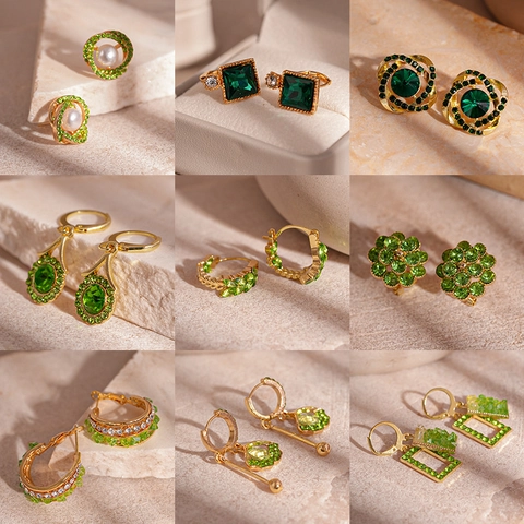 Vintage Green Rhinestone Geometric Stud Earrings Alloy With 925 Sterling Silver Earring Post For Women Retro Luxury