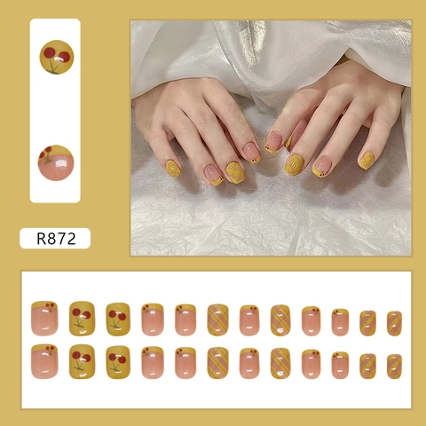 Press On Nails ABS Plastic Cherry Pattern Yellow Grid Short Square Artificial Fingernails For Women Sweet Style Removable