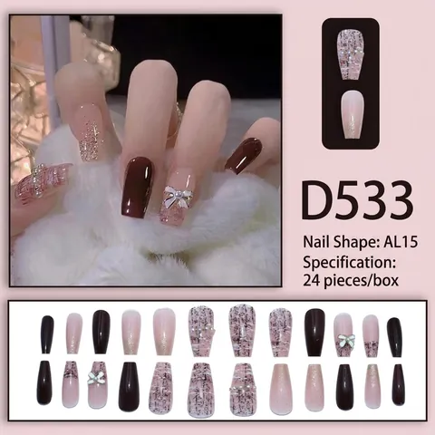 Uñas Postizas A Presión Forma Ataúd Estilo Francés Textura Tweed Lazo Perla Artificial Diamantes Brillo Nude Rosa Uñas Artificiales