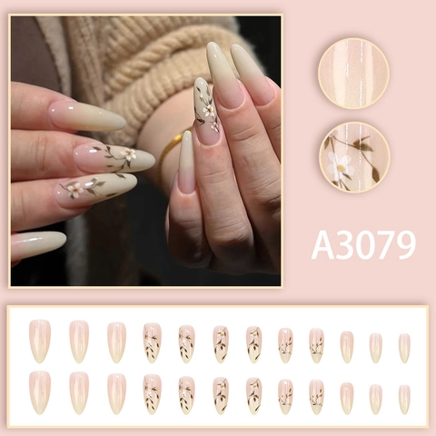Press On Nagels Lange Amandelvorm Nude Roze Gradiënt Witte Bloem Blad Ontwerp Eenvoudige Verse Stijl Voor Dames