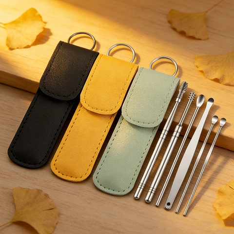 Outils D'élimination Du Cérumen En Acier Inoxydable Cure-oreille À Ressort Spiralé Avec Pochette De Rangement En Cuir PU