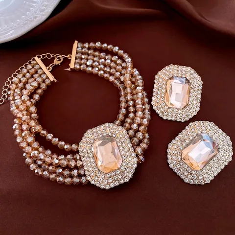 Collana Di Perle Multistrato E Orecchini Lega Champagne Cristallo Strass Vintage Gioielli Donna Con Perno In Argento
