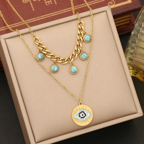 Stainless Steel Evil Eye Heart Jewelry Double Layer Necklace Bracelet Earrings Gold Plated Turquoise Zircon For Women