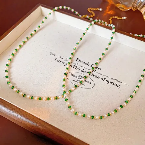 French Vintage Artificial Pearl And Green Natural Stone Necklace Gold Plated Copper Elegant Beaded Choker For Women