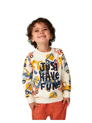 Sweat-shirt en Coton Pour Garçons Imprimé Excavatrice Manches Longues Col Rond Pull Décontracté Pour Tout-petits Enfants Vêtements De Sport
