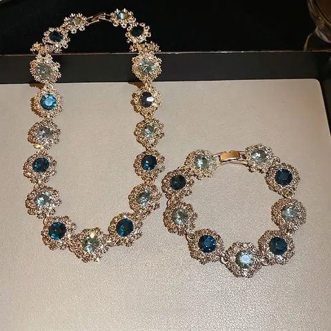 Gioielli Collana E Bracciale Con Fiori Vintage Con Strass Blu Lega Stile Palazzo Retrò Per Donne
