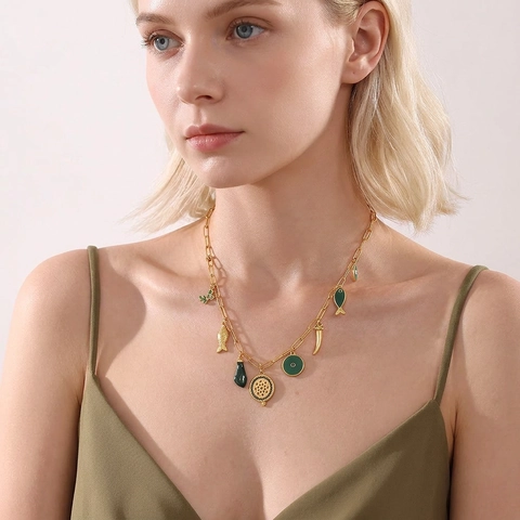 Gold Plated Stainless Steel Multi Charm Necklace Zircon Enamel Fish Evil Eye Heart Butterfly Pendants INS Style Women