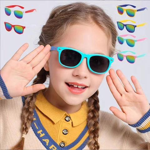 Kids Sunglasses UV400 Protection Lightweight PC Frame Rainbow Mirror Lens Wayfarer Style Contrast Colors Boys Girls