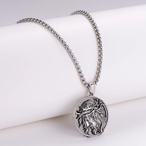 Collier Pendentif Portrait Jésus Christ Acier Inoxydable 304 Rétro Punk Épines Bijoux Chrétiens Religieux