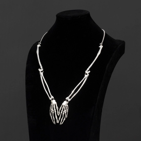 Skeleton Hand Bone Necklace Alloy Gothic Punk Jewelry Halloween Ghost Festival Party Costume Props Silver Color