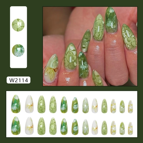 Press On Nails Green White Floral Vine 3D Water Drops Cat Eye Glossy Almond Shape Long Artificial False Finger Nails