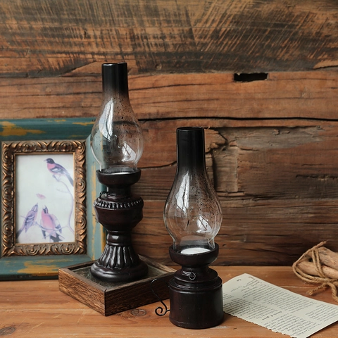 Retro Kerosene Lamp Candle Holder Vintage Resin Base Gradient Glass Shade Nostalgic Home Decor Candlestick