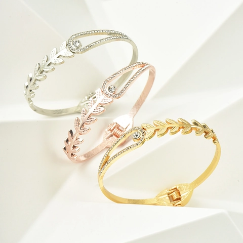 Blad Tarwe Oor Scharnierende Armring Voor Vrouwen Legering Strass Open Veer Armband Elegante Sieraden