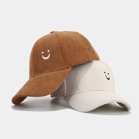 Corduroy Baseball Cap Smile Face Stickerei Verstellbar Vintage Casual Sonnenschutz Warme Hut Streetwear Accessoires
