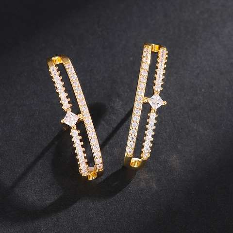 Luxus Kupfer Galvanisiert Doppelschicht Zirkonia Eingelegt Hoop Ohrringe Für Damen Nischen Design Geometrische Gold Ohrringe Mode Schmuck
