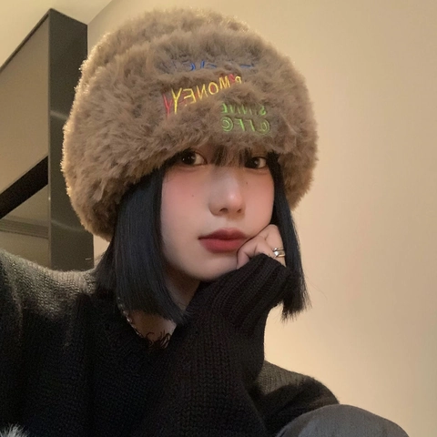 Women Fuzzy Faux Fur Knitted Beanie Hat Thickened Warm Winter Plush Cap Embroidery Bear Ears Soft Windproof Casual Outdoor
