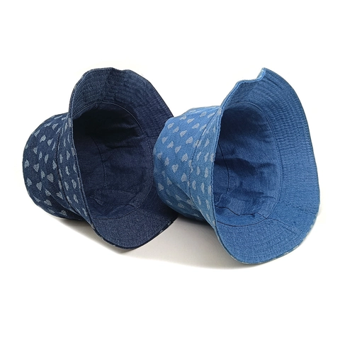 Cappello Pescatora Denim Motivo Cuori Vintage Protezione Solare Cotone Donna Uomo Moda Coreana Casual Viaggio