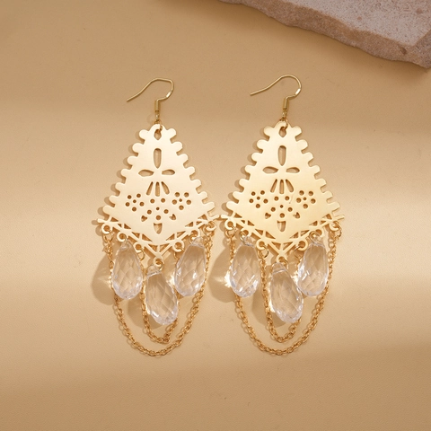 Bohemian Hollow Metal Tassel Drop Earrings With Glass Teardrop Pendants And Earring Post Vintage Ethnic Jewelry For Women