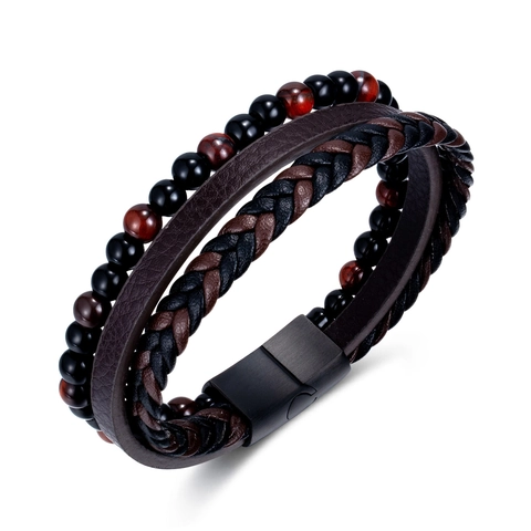 Multi-Layer Armband Für Herren Geflochtenes Leder Rotes Tigerauge Schwarzer Achat Edelstahl Magnetverschluss Vintage Handgefertigt