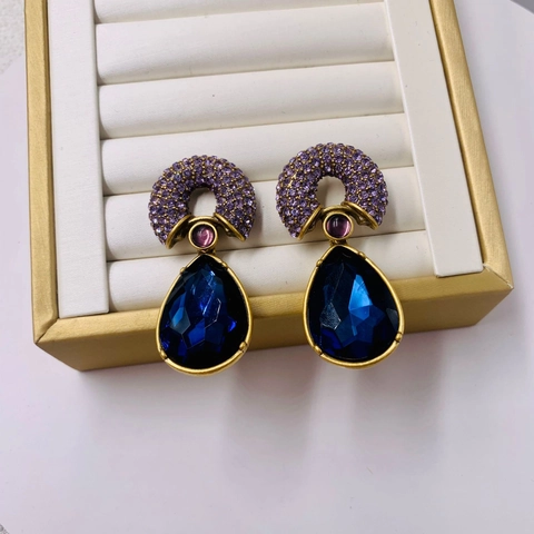 Vintage Galvanizado Dorado Retro Aleación Pendientes Con Poste Plata Ley 925 Azul Profundo Gota Strass Pendientes de Botón